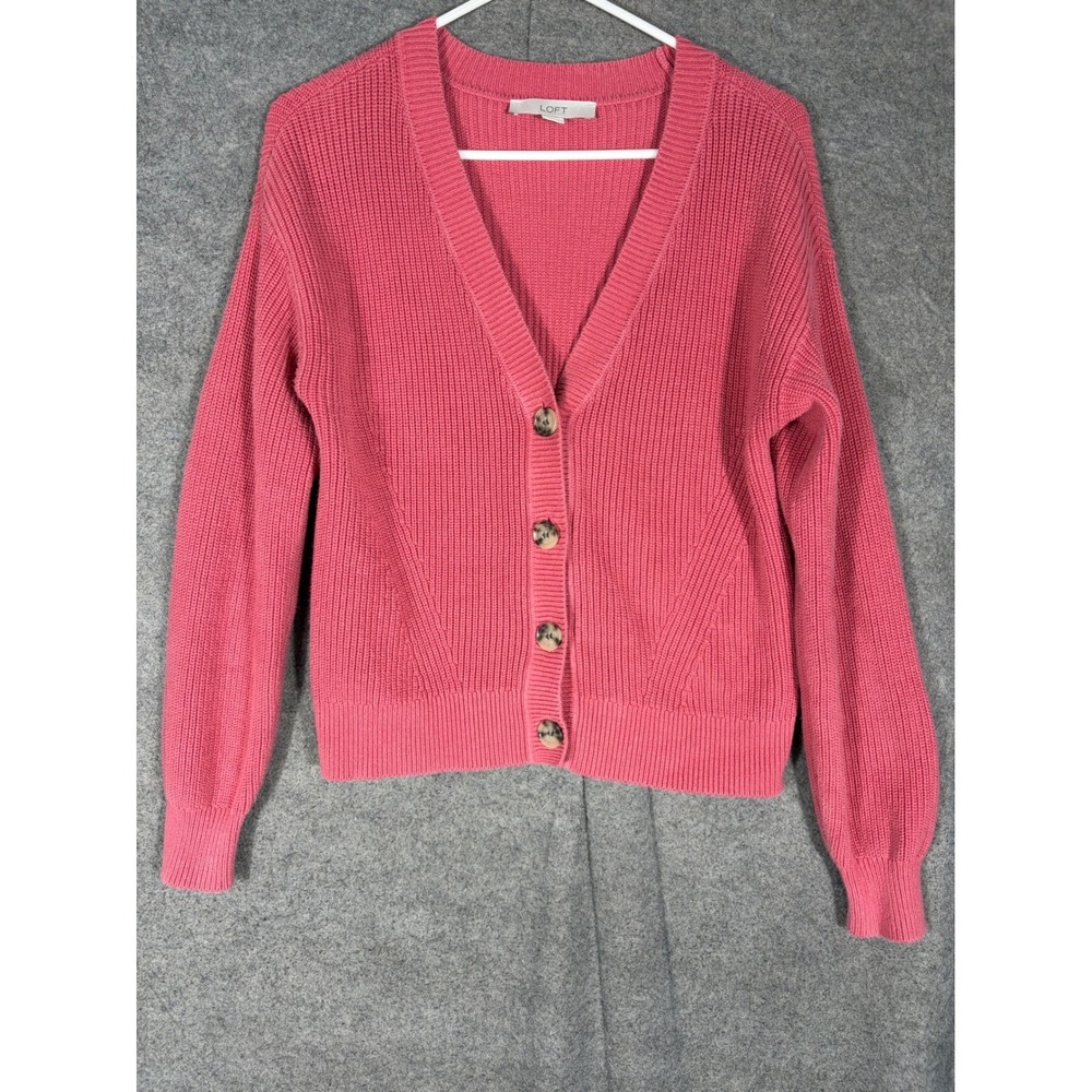 Loft Pink Cotton Shaker Stitch V-Neck Button Front Cardigan Sweater Womens Small